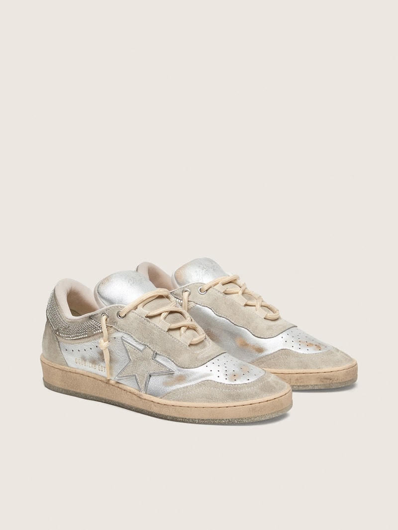 Golden Goose - Women's Ball Star in metallic silver leather with light gray star and Swarovski inserts in 