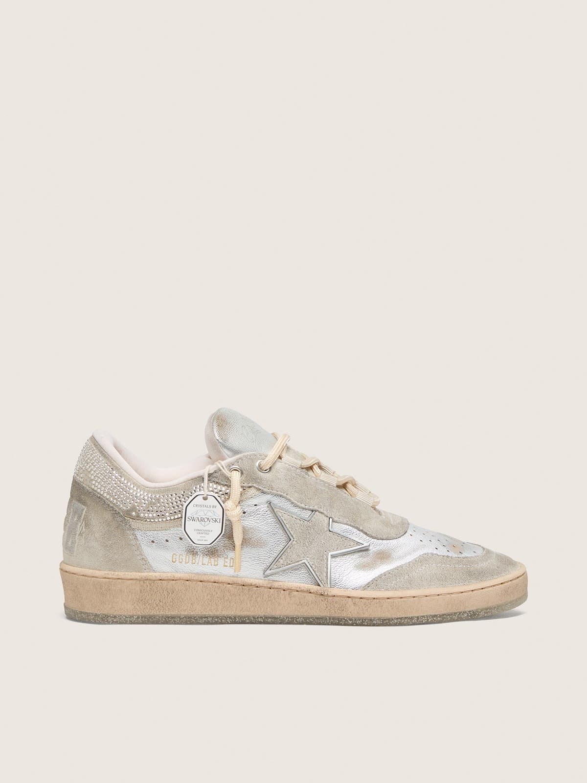 Golden Goose - Ball Star donna in pelle laminata argento con stella grigio chiaro e inserti con Swarovski in 