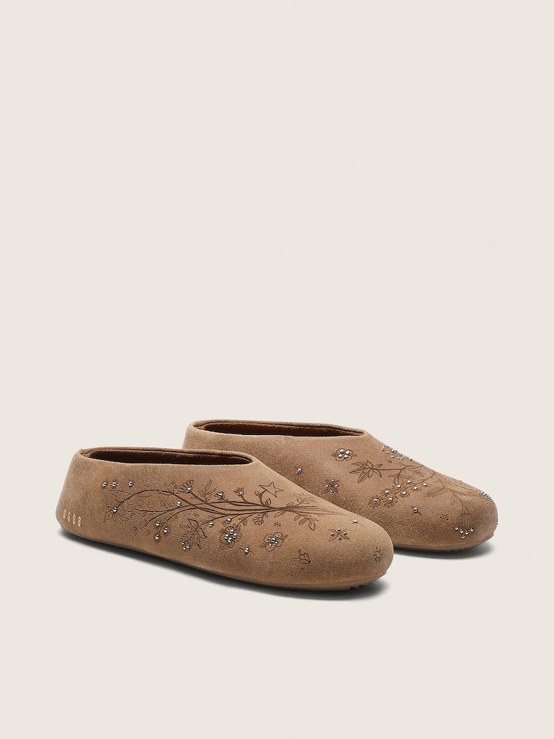 Golden Goose - Tierra donna in suede color tabacco con motivo floreale e borchie in 