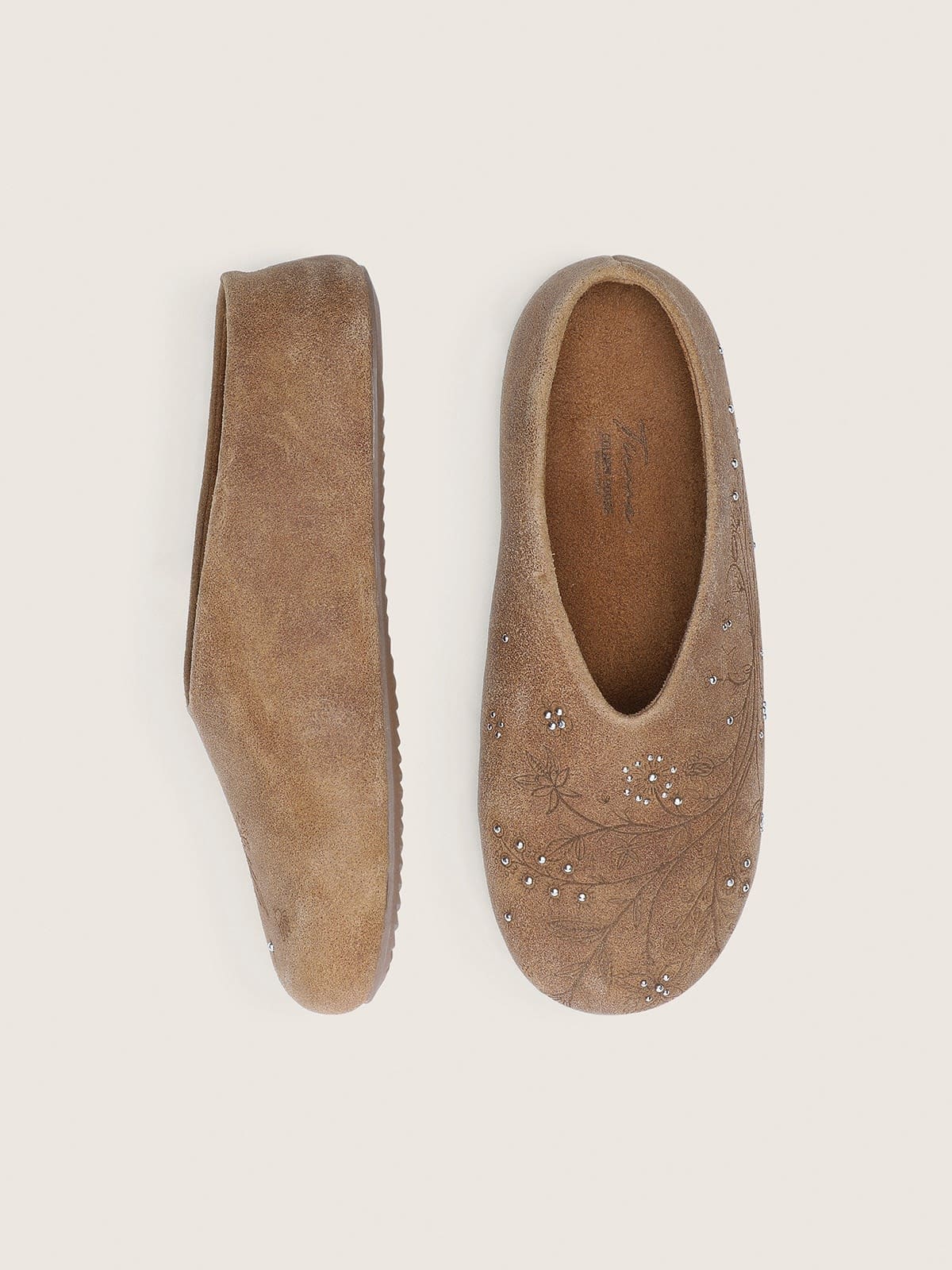 Golden Goose - Tierra donna in suede color tabacco con motivo floreale e borchie in 