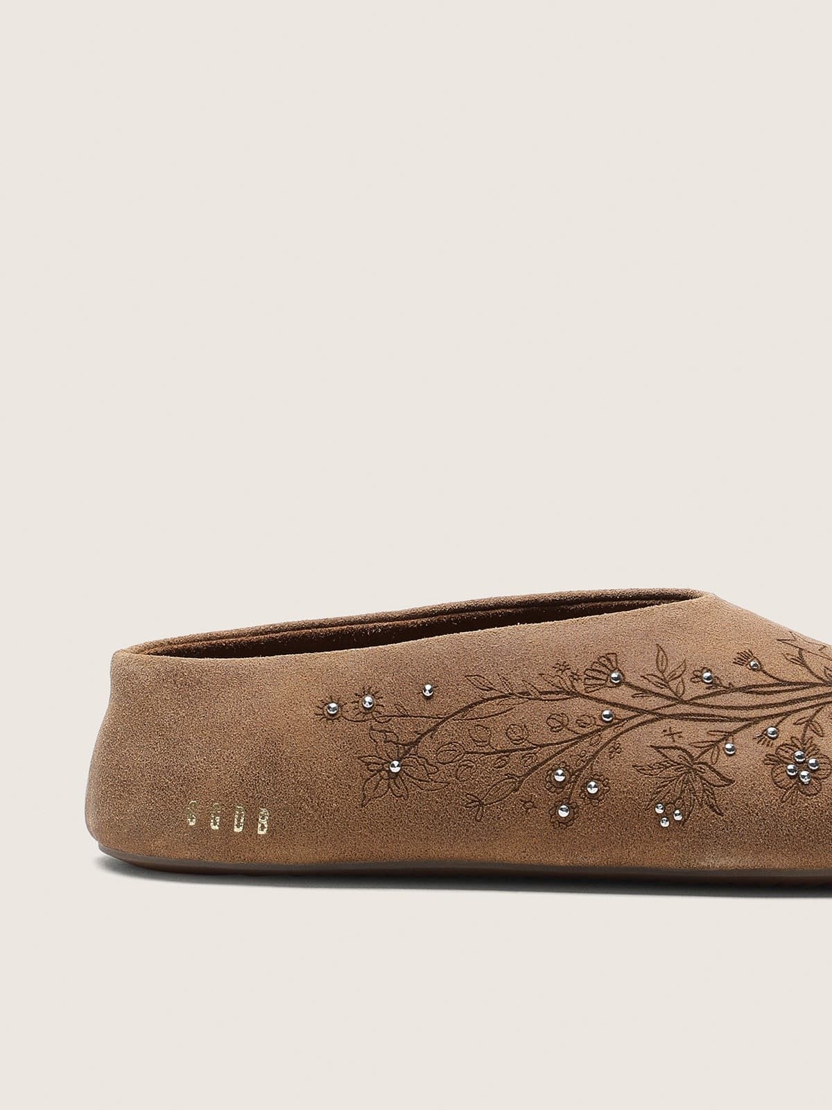 Golden Goose - Tierra donna in suede color tabacco con motivo floreale e borchie in 
