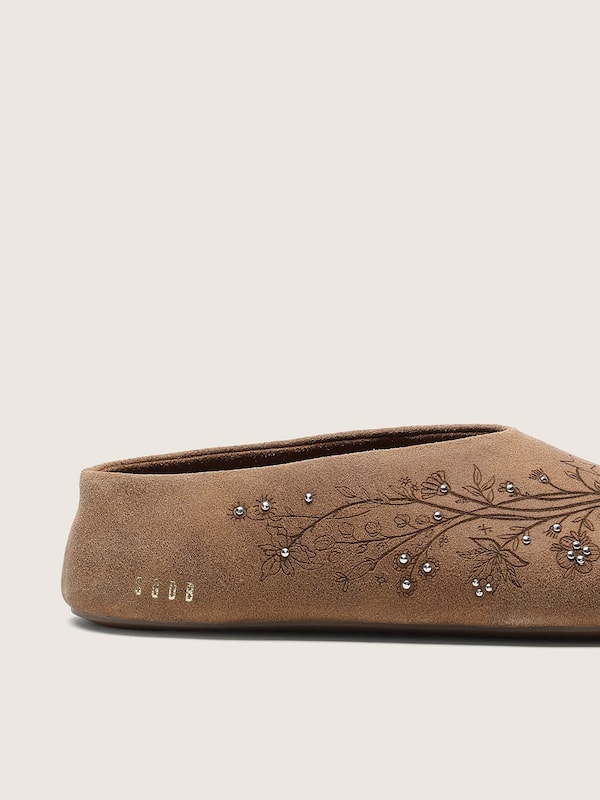 Golden Goose - Tierra donna in suede color tabacco con motivo floreale e borchie in 