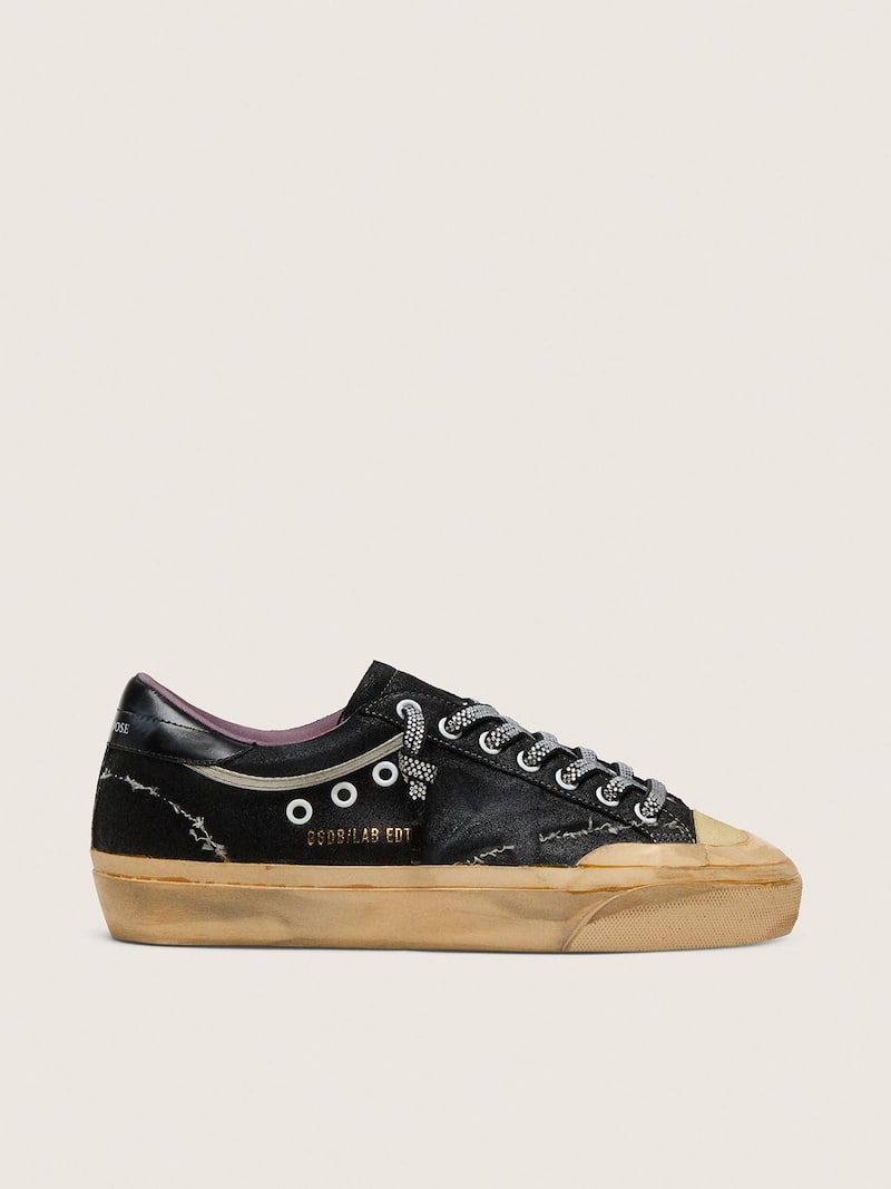 Women's Super-Star LAB in black laminated suede and nylon with raised star and laces with crystals