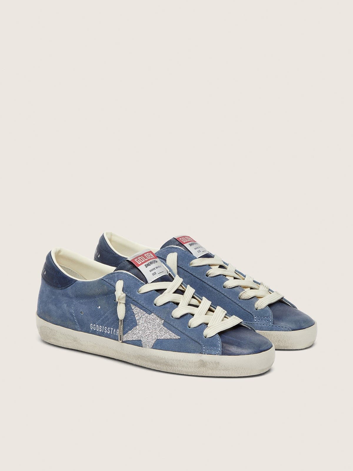 Super-Star femme en cuir velours bleu denim avec &eacute;toile &agrave; paillettes argent&eacute;es