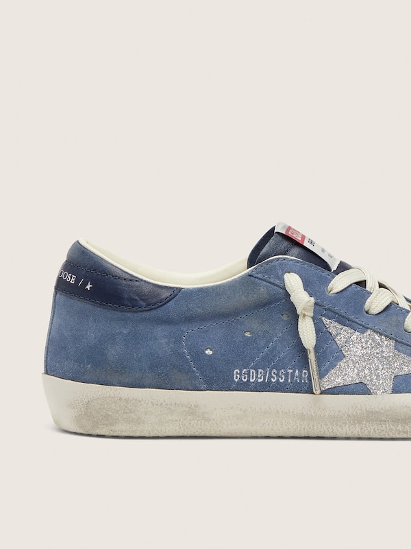 Golden Goose - Super-Star donna in suede blu denim con stella glitter argento in 