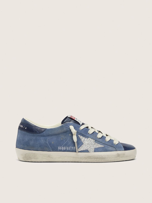 Golden Goose - Super-Star donna in suede blu denim con stella glitter argento in 