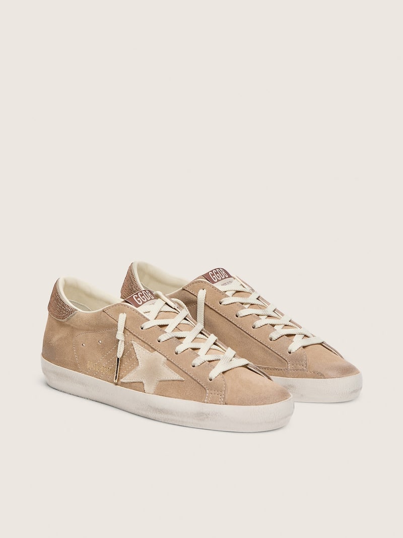 Golden Goose - Women&rsquo;s Super-Star in beige suede with pearl star and bronze Swarovski in 