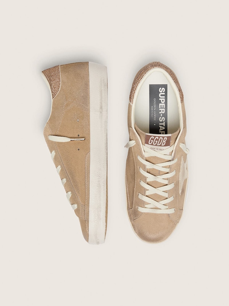 Golden Goose - Women&rsquo;s Super-Star in beige suede with pearl star and bronze Swarovski in 