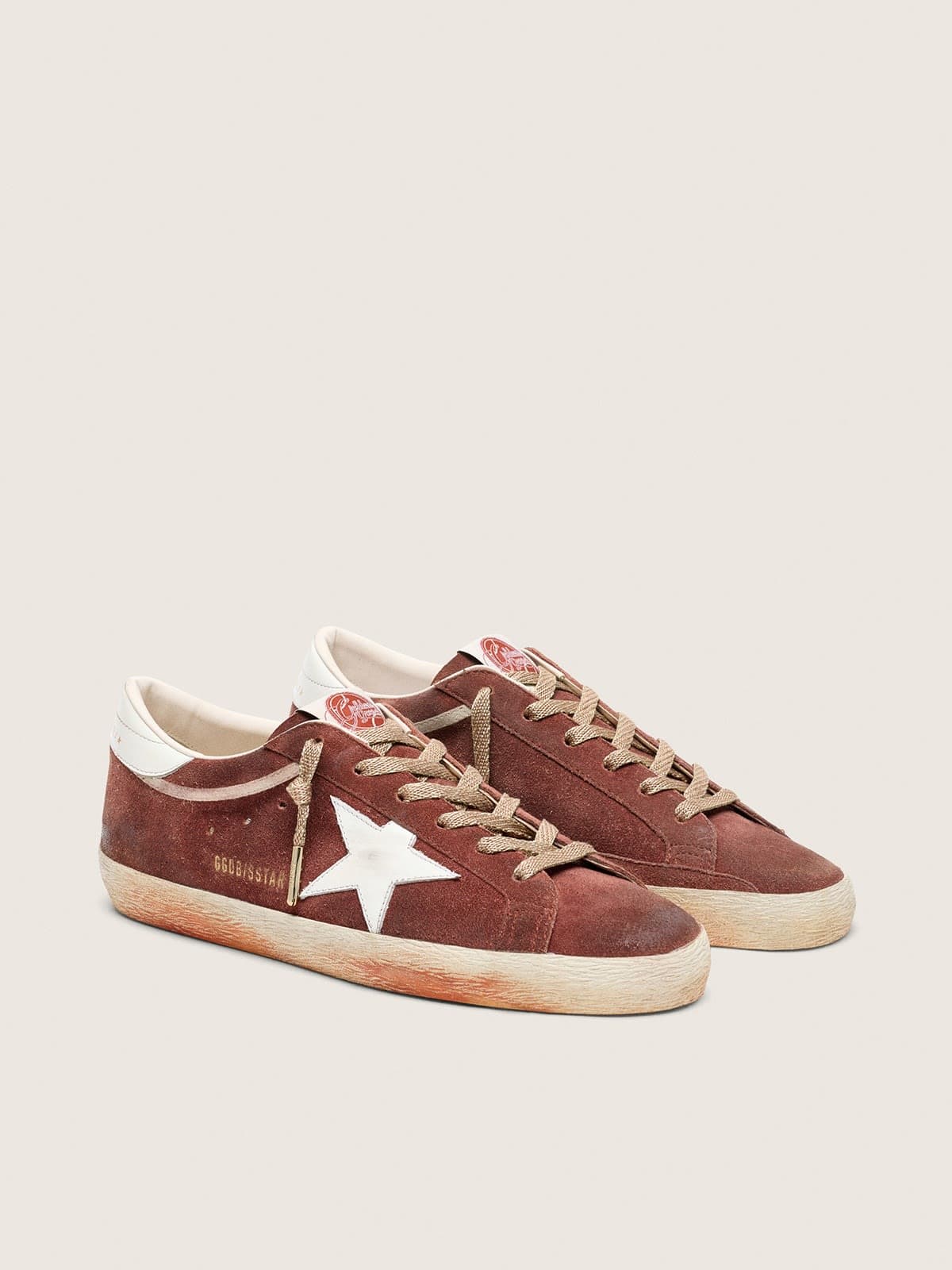 Super-Star femme en cuir velours rouille avec &eacute;toile en cuir lam&eacute; platine