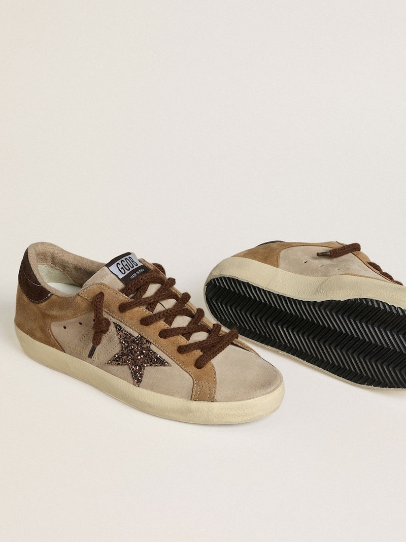 Golden Goose - Women's Super-Star in beige and brown suede with brown glitter star in 