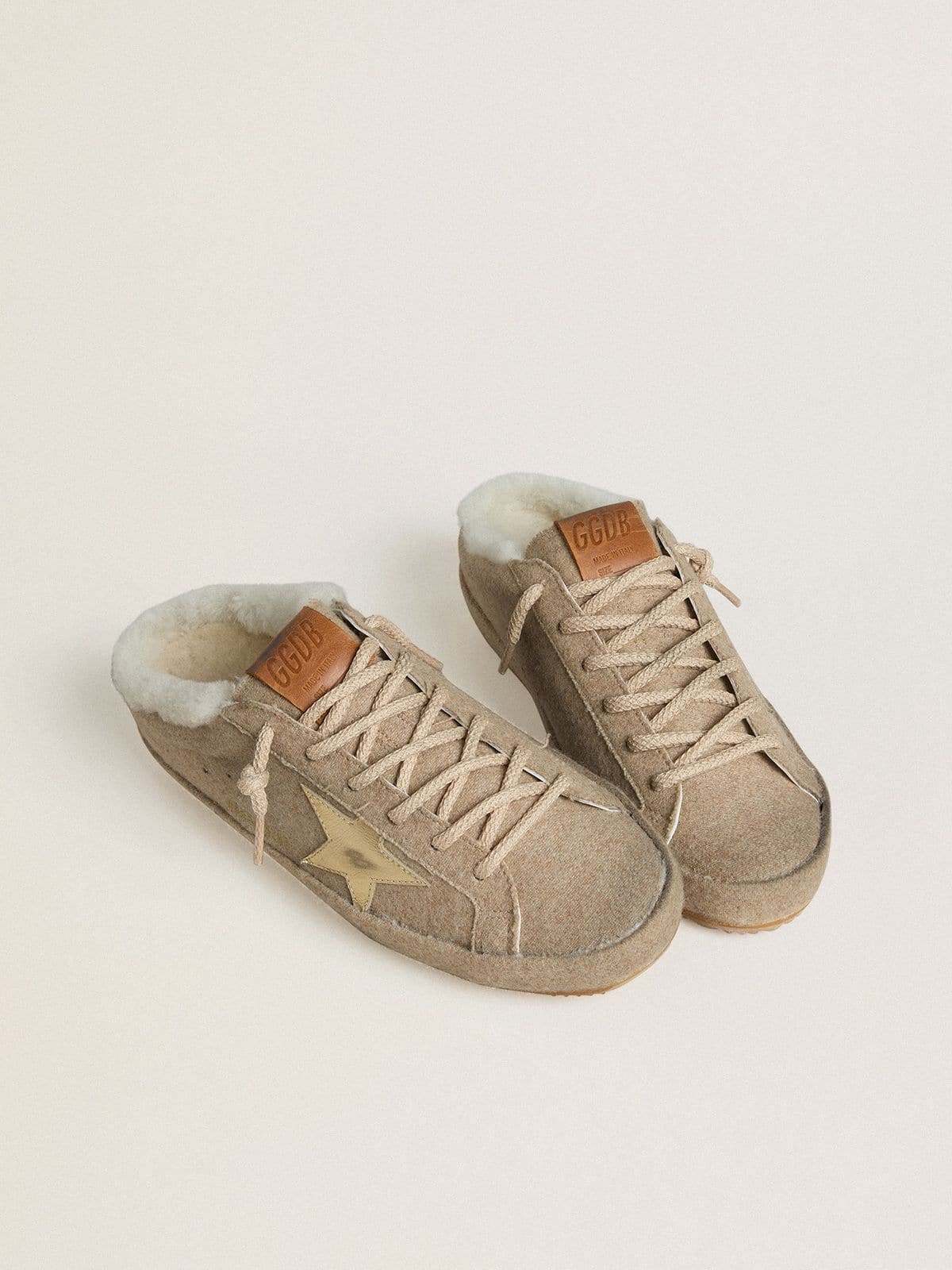 Golden Goose - Women's Super-Star Sabots in wool with shearling lining and gold metallic star in 