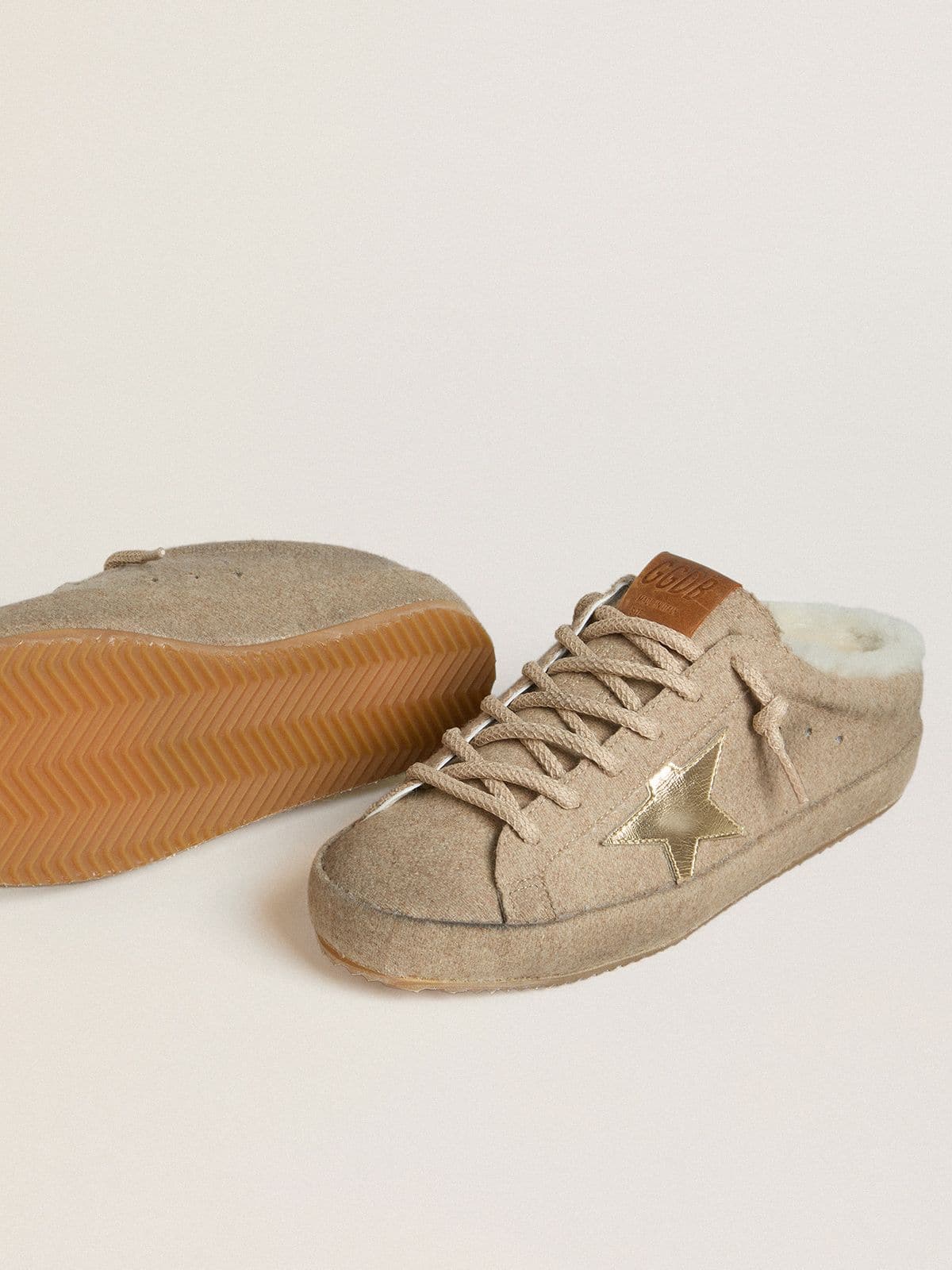 Golden Goose - Women's Super-Star Sabots in wool with shearling lining and gold metallic star in 