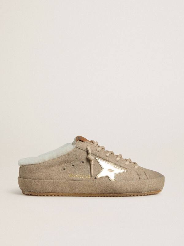 Golden Goose - Women's Super-Star Sabots in wool with shearling lining and gold metallic star in 