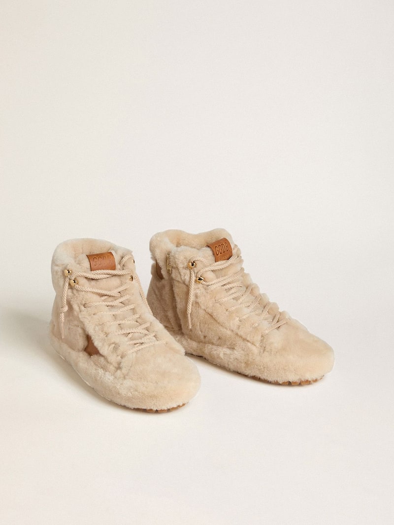 Golden Goose - Francy de Mujer de shearling color beige con estrella de piel marr&oacute;n in 