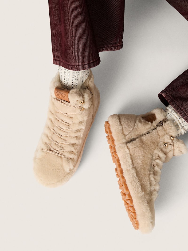 Golden Goose - Francy de Mujer de shearling color beige con estrella de piel marr&oacute;n in 