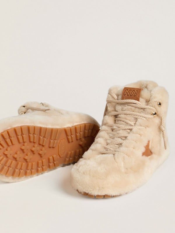Golden Goose - Francy de Mujer de shearling color beige con estrella de piel marr&oacute;n in 