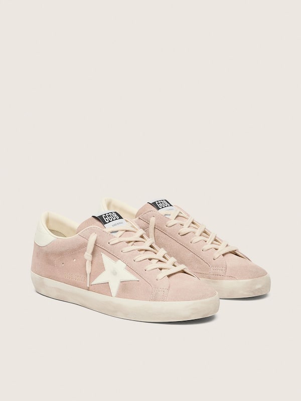 Super-Star femme en cuir velours rose poudr&eacute; avec &eacute;toile en cuir blanc