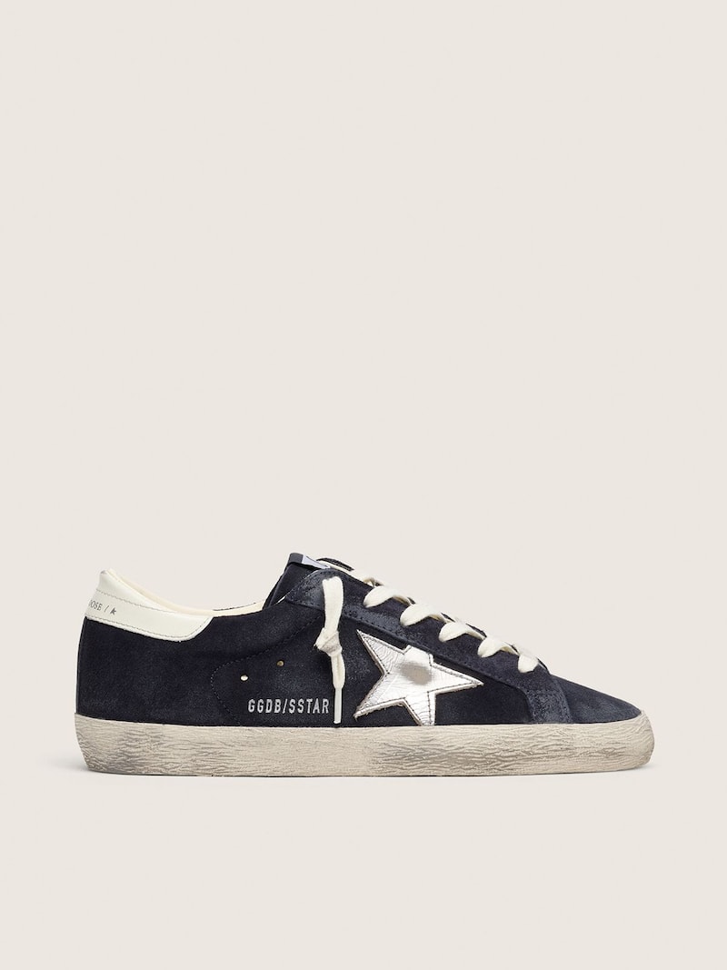 Golden Goose Super-Star Damen aus marineblauem Rauleder mit silberfarbenem Stern Super-Star blue woman