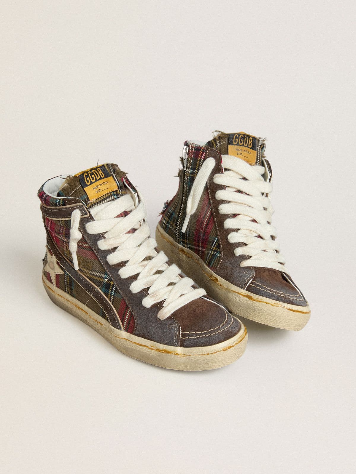 Golden Goose - Women's Slide in red tartan with silver nappa leather star and black suede flash in 