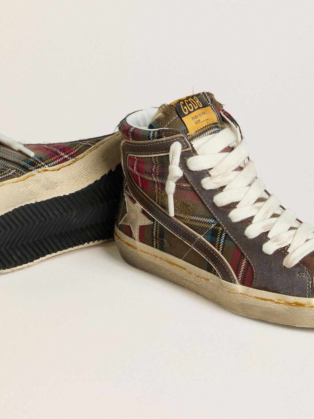 Golden Goose - Women's Slide in red tartan with silver nappa leather star and black suede flash in 