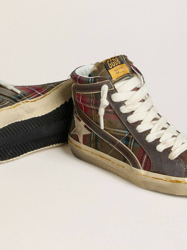 Golden Goose - Women's Slide in red tartan with silver nappa leather star and black suede flash in 