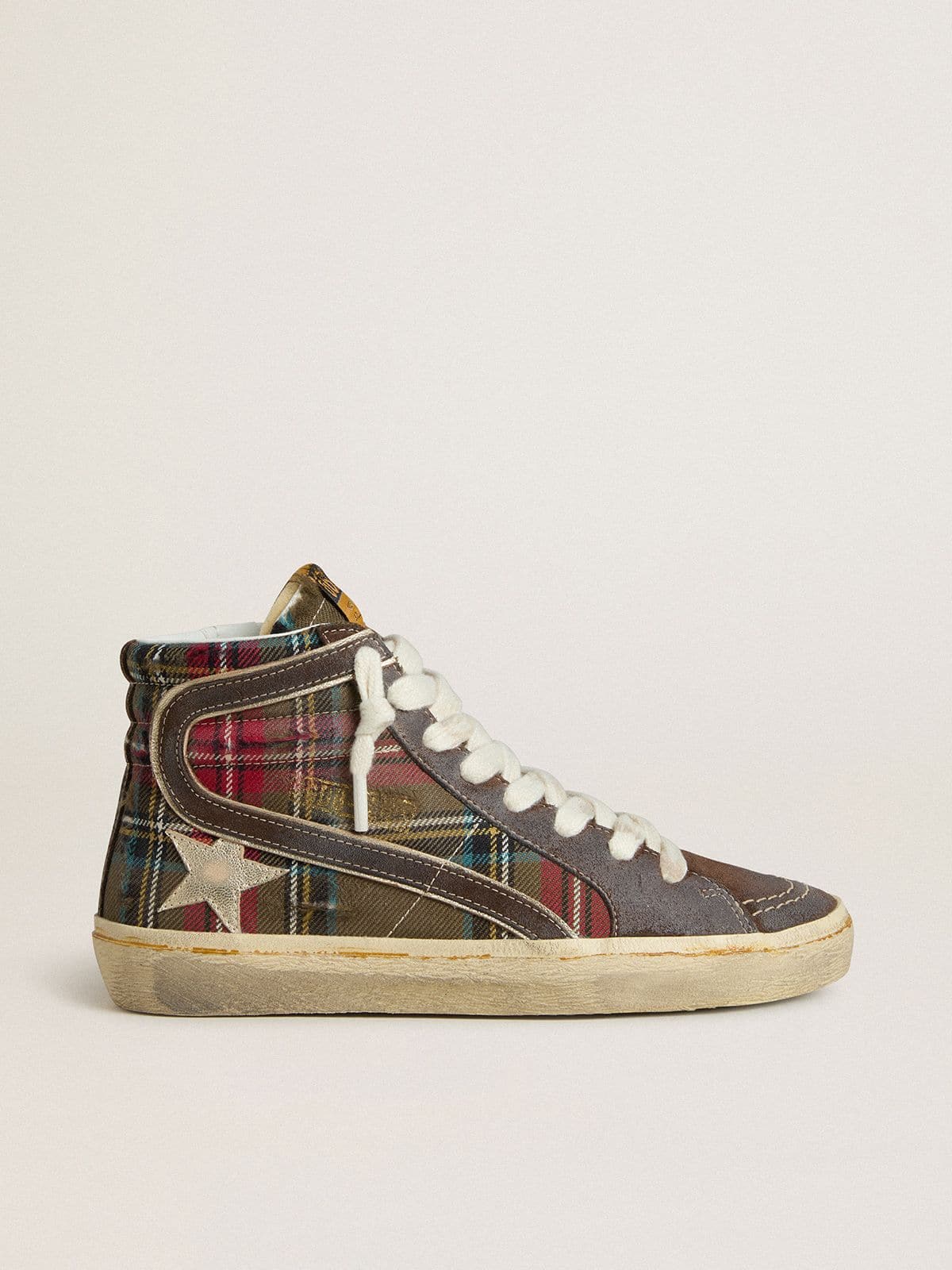 Golden Goose - Women's Slide in red tartan with silver nappa leather star and black suede flash in 
