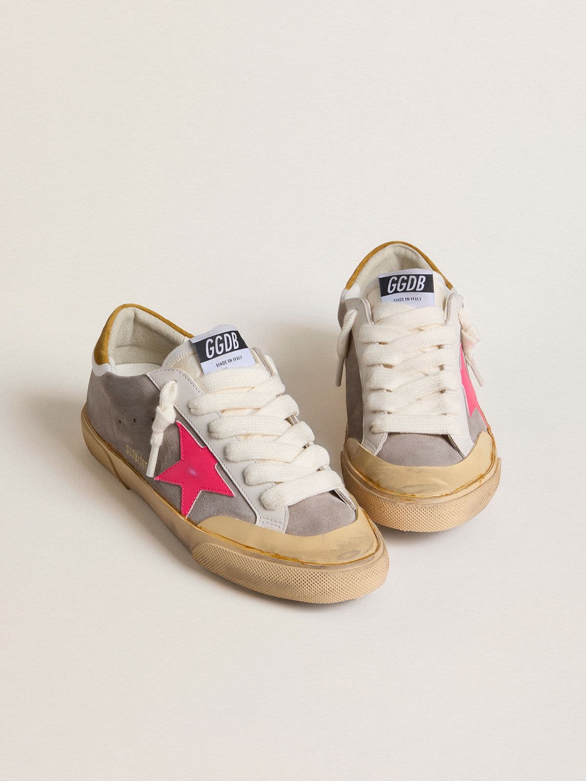 Golden Goose - Women's Super-Star in dove-gray suede with fuchsia leather star and ocher suede heel tab in 
