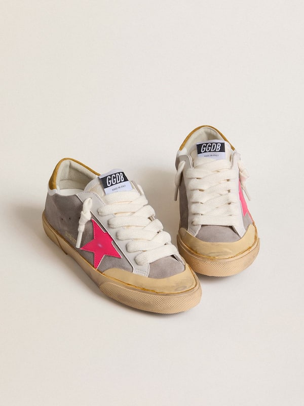 Golden Goose - Women's Super-Star in dove-gray suede with fuchsia leather star and ocher suede heel tab in 