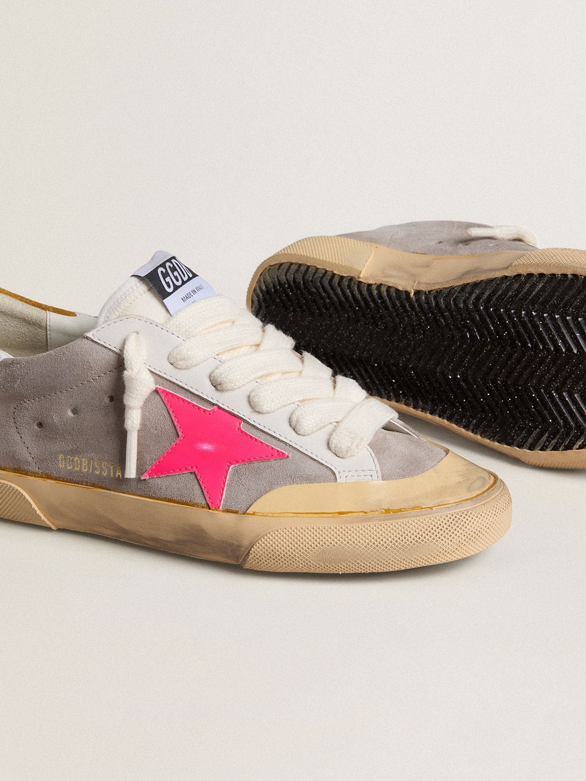 Golden Goose - Women's Super-Star in dove-gray suede with fuchsia leather star and ocher suede heel tab in 