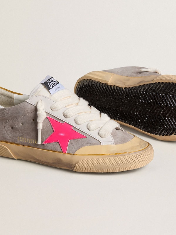 Golden Goose - Women's Super-Star in dove-gray suede with fuchsia leather star and ocher suede heel tab in 