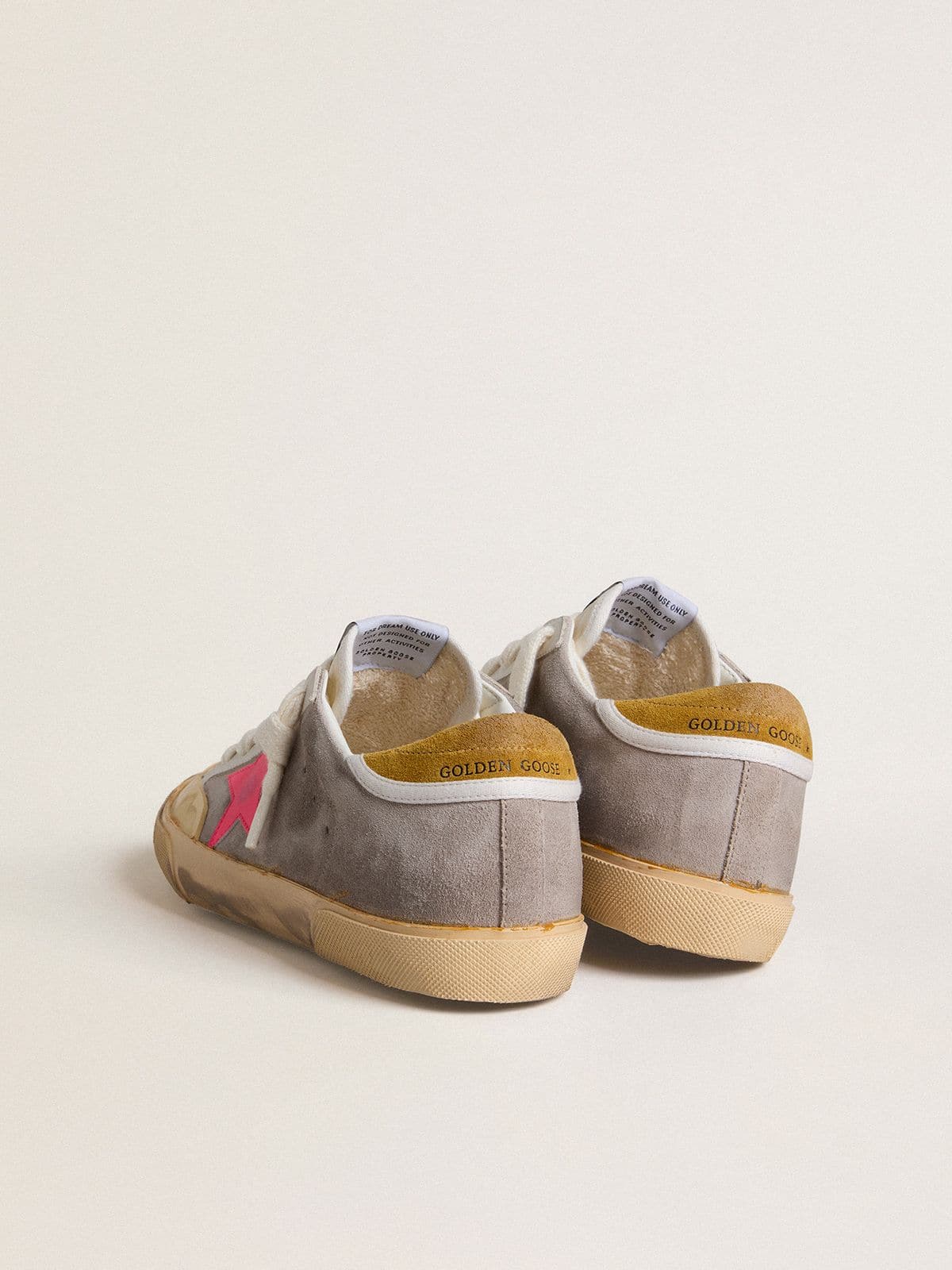 Golden Goose - Women's Super-Star in dove-gray suede with fuchsia leather star and ocher suede heel tab in 