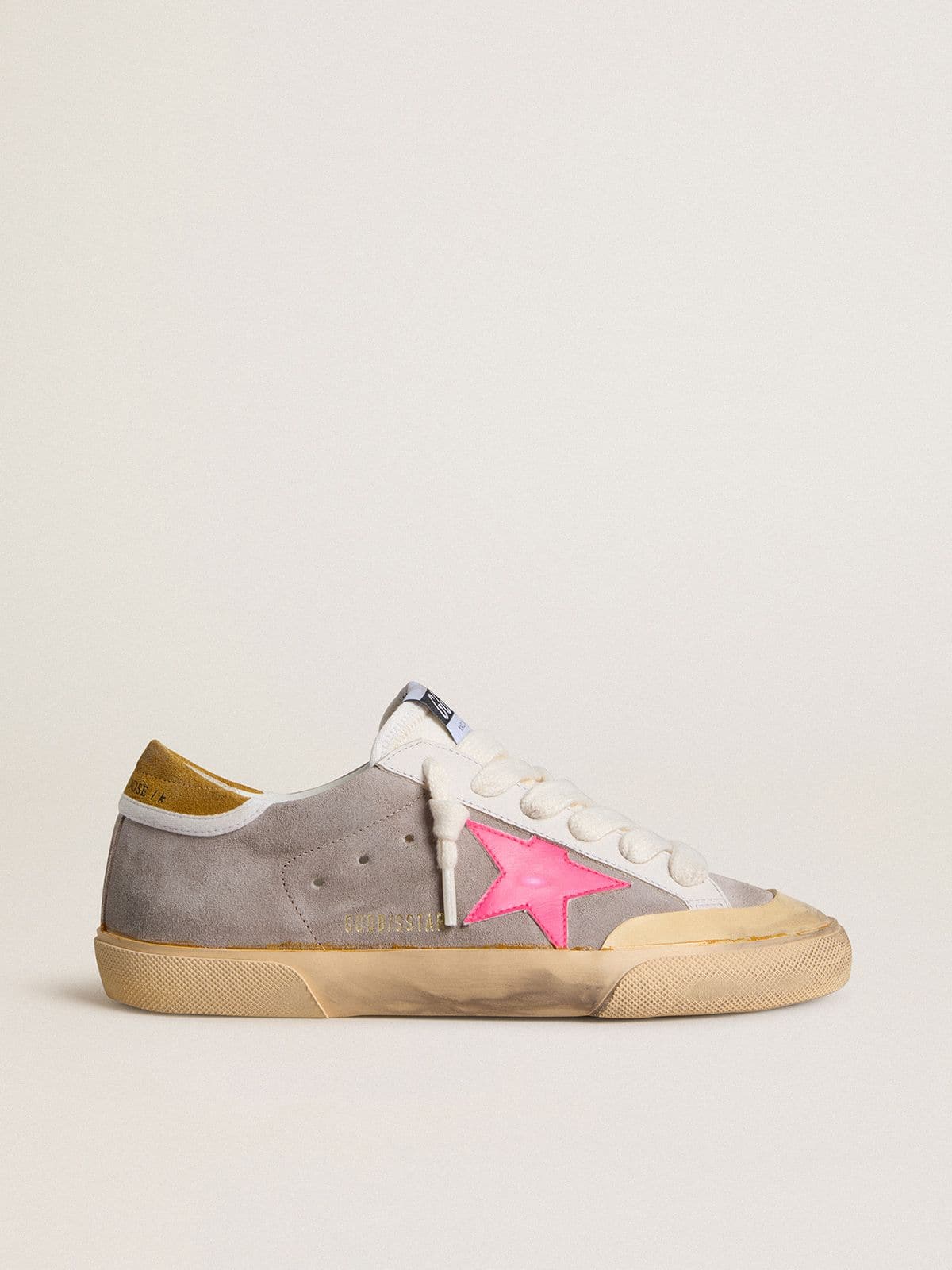 Golden Goose - Women's Super-Star in dove-gray suede with fuchsia leather star and ocher suede heel tab in 
