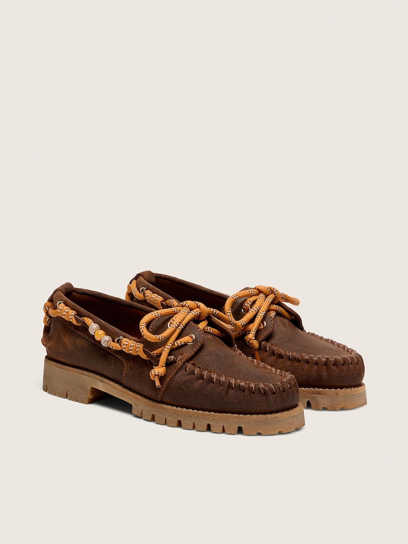 Golden Goose - Mocassino Cruise Donna in suede cerato marrone con laccio trekking tortora in 