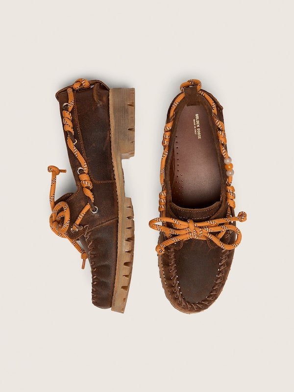 Golden Goose - Mocassino Cruise Donna in suede cerato marrone con laccio trekking tortora in 
