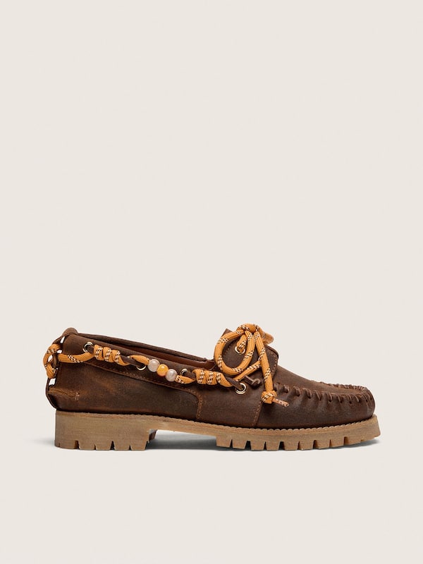 Golden Goose - Mocassino Cruise Donna in suede cerato marrone con laccio trekking tortora in 