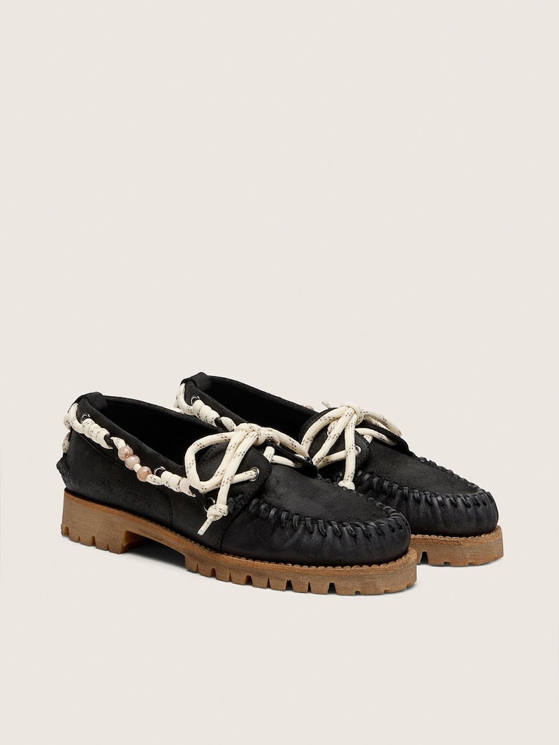 Golden Goose - Mocassino Cruise Donna in suede cerato nero con laccio trekking nero in 