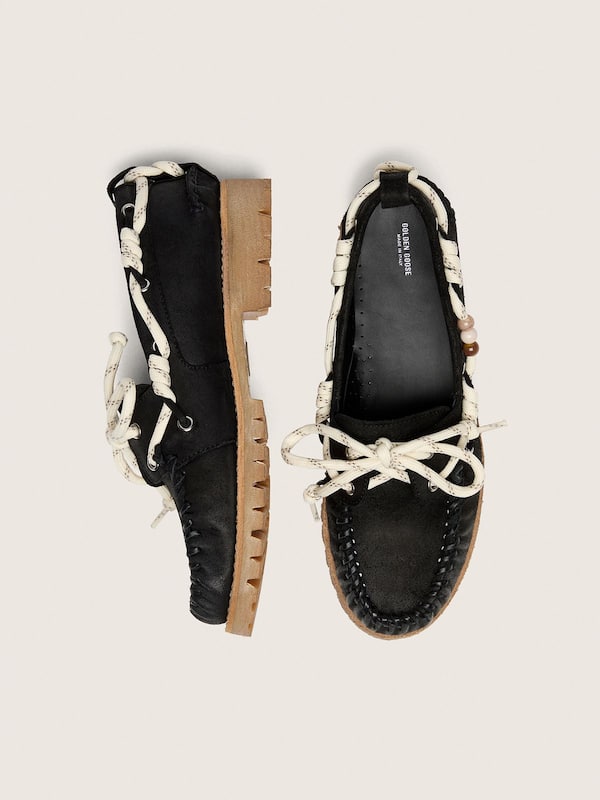 Mocassins Cruise pour femme en cuir velours cir&eacute; noir avec lacets trekking noirs