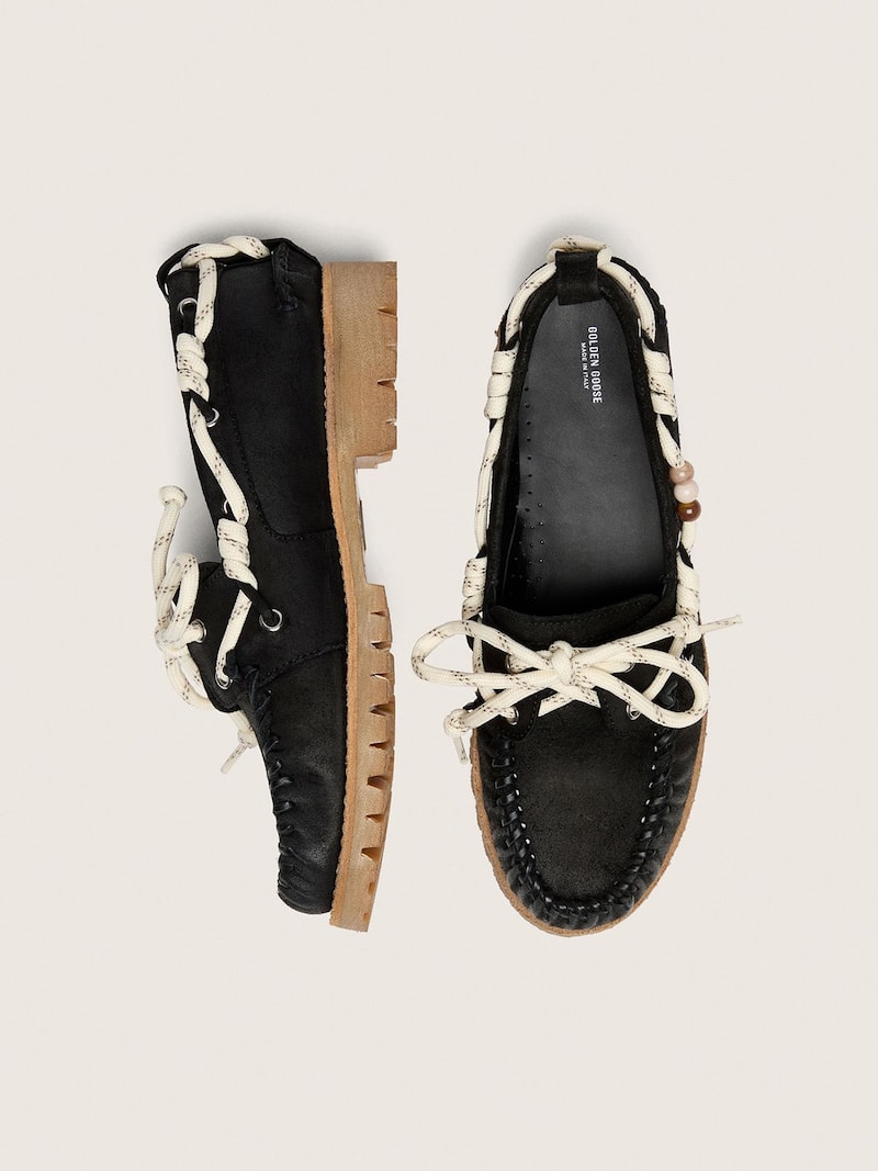 Golden Goose - Mocassino Cruise Donna in suede cerato nero con laccio trekking nero in 