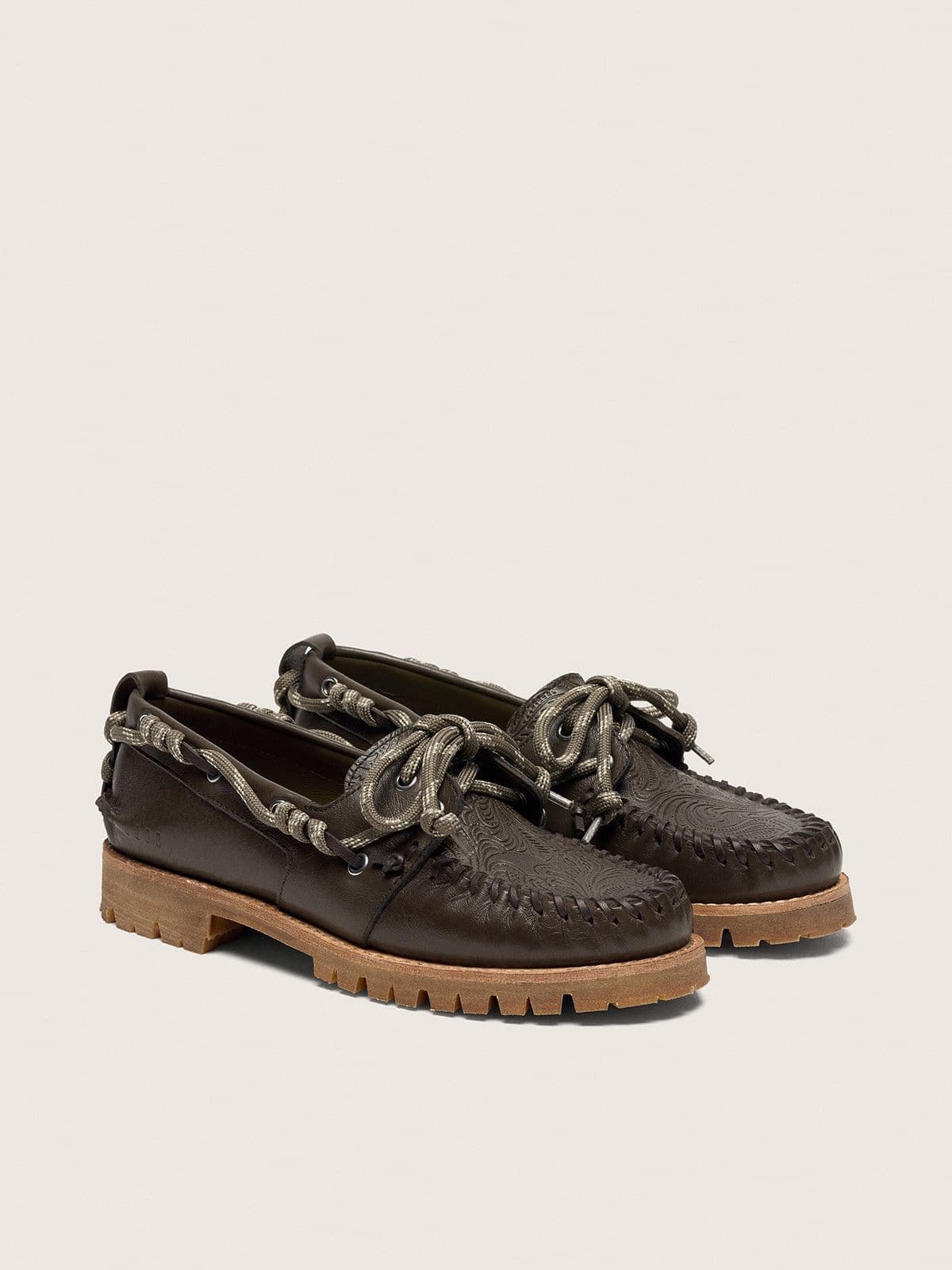 Golden Goose - Women&rsquo;s Cruise loafers in dark green leather with dove-gray hiking laces and raised floral motif in 