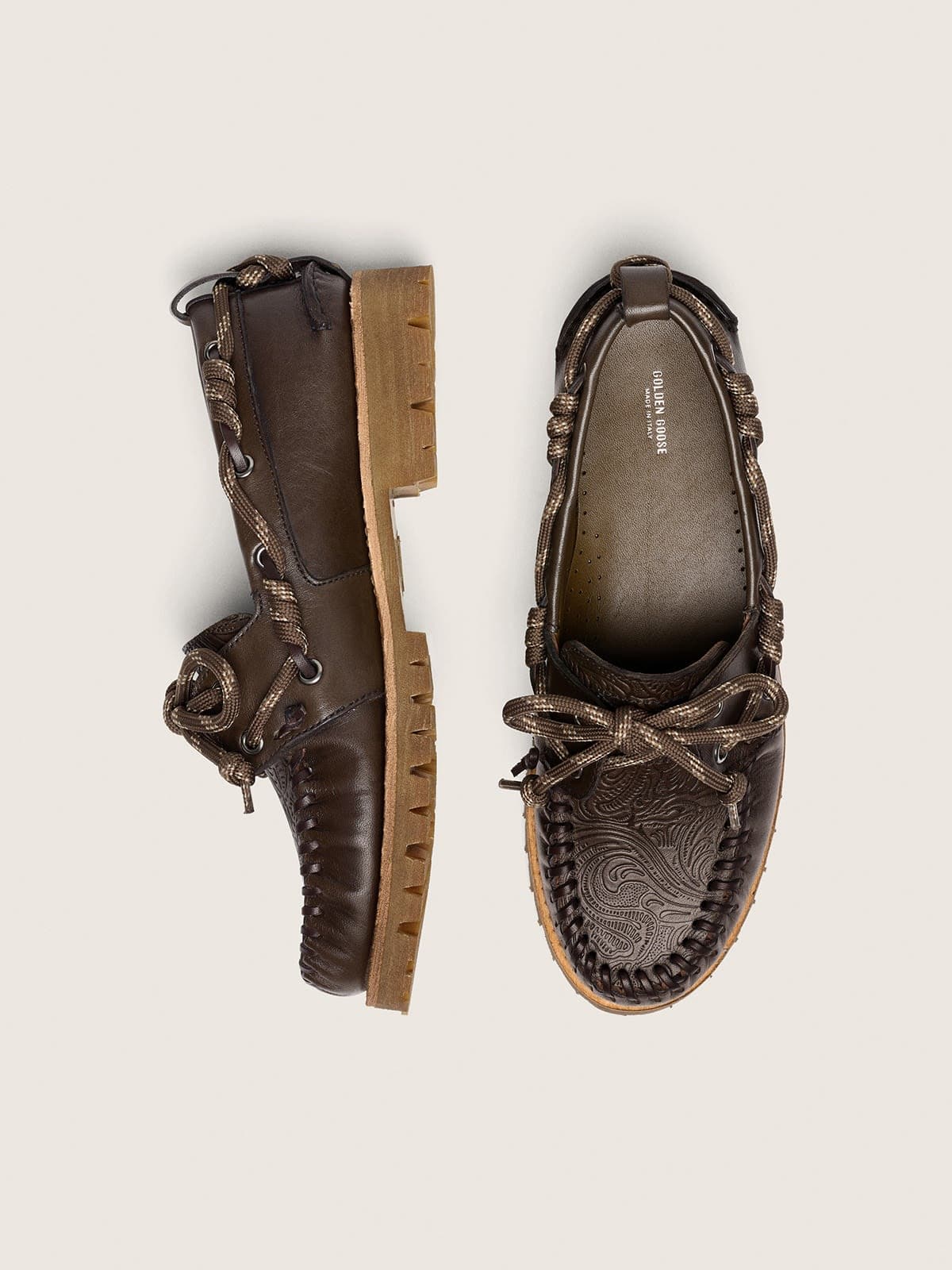 Golden Goose - Women&rsquo;s Cruise loafers in dark green leather with dove-gray hiking laces and raised floral motif in 