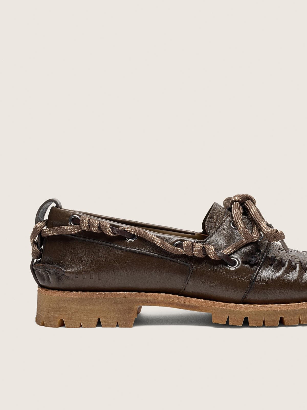 Golden Goose - Women&rsquo;s Cruise loafers in dark green leather with dove-gray hiking laces and raised floral motif in 