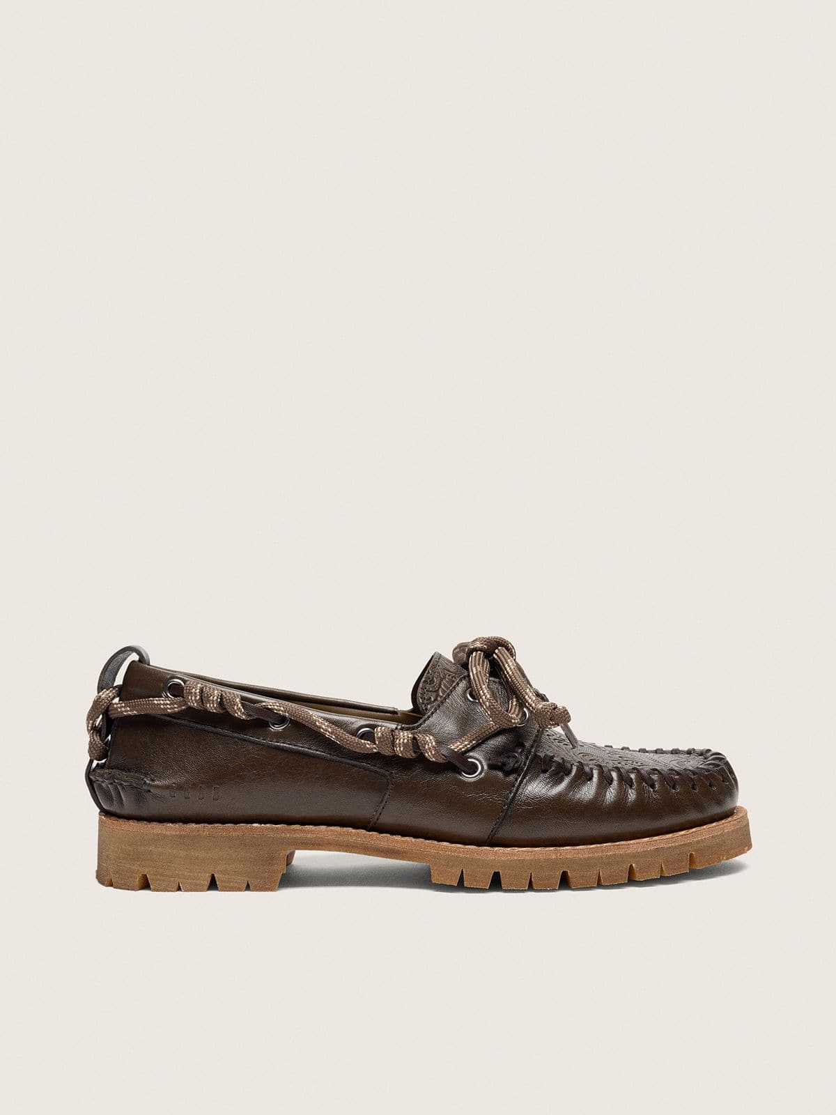Golden Goose - Women&rsquo;s Cruise loafers in dark green leather with dove-gray hiking laces and raised floral motif in 