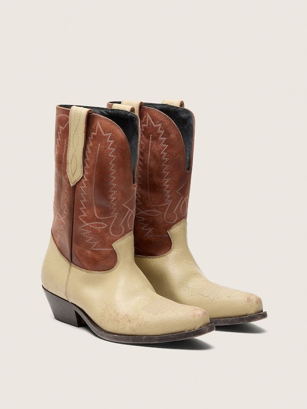 Women&rsquo;s Wish Star low boots in beige and brown leather with embroidery