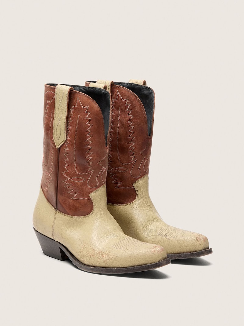 Golden Goose - Stivali Wish Star Donna bassi in pelle beige e marroni con ricami in 