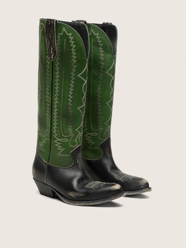 Stivali Wish Star alti Donna in pelle nera con gambale in pelle verde e ricami bianchi