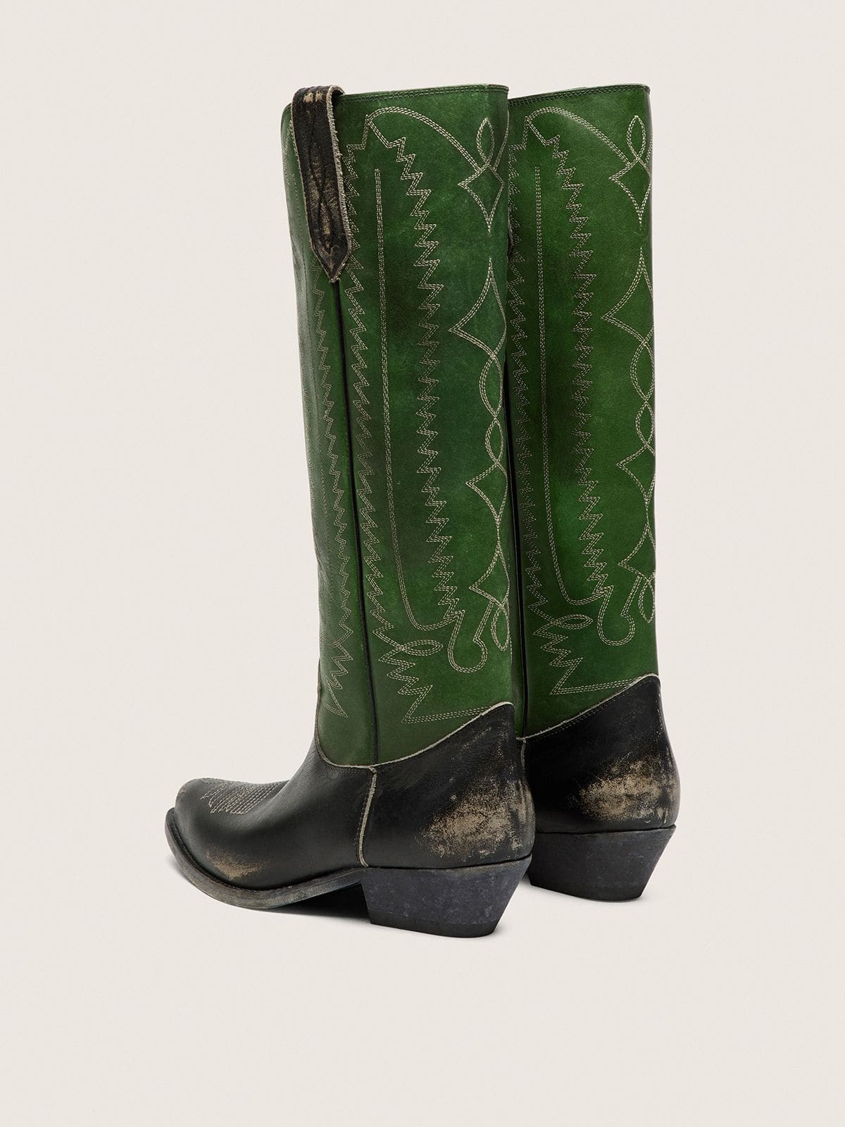 Golden Goose - Botas Wish Star altas de mujer de piel negra con ca&ntilde;a de piel verde y bordados blancos in 