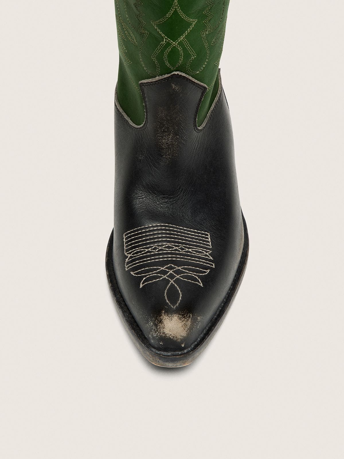 Golden Goose - Botas Wish Star altas de mujer de piel negra con ca&ntilde;a de piel verde y bordados blancos in 