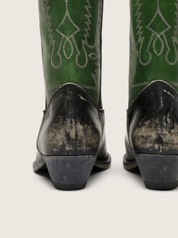 Golden Goose - Women's high Wish Star boots in black leather with green leather leg and white embroidery in 
