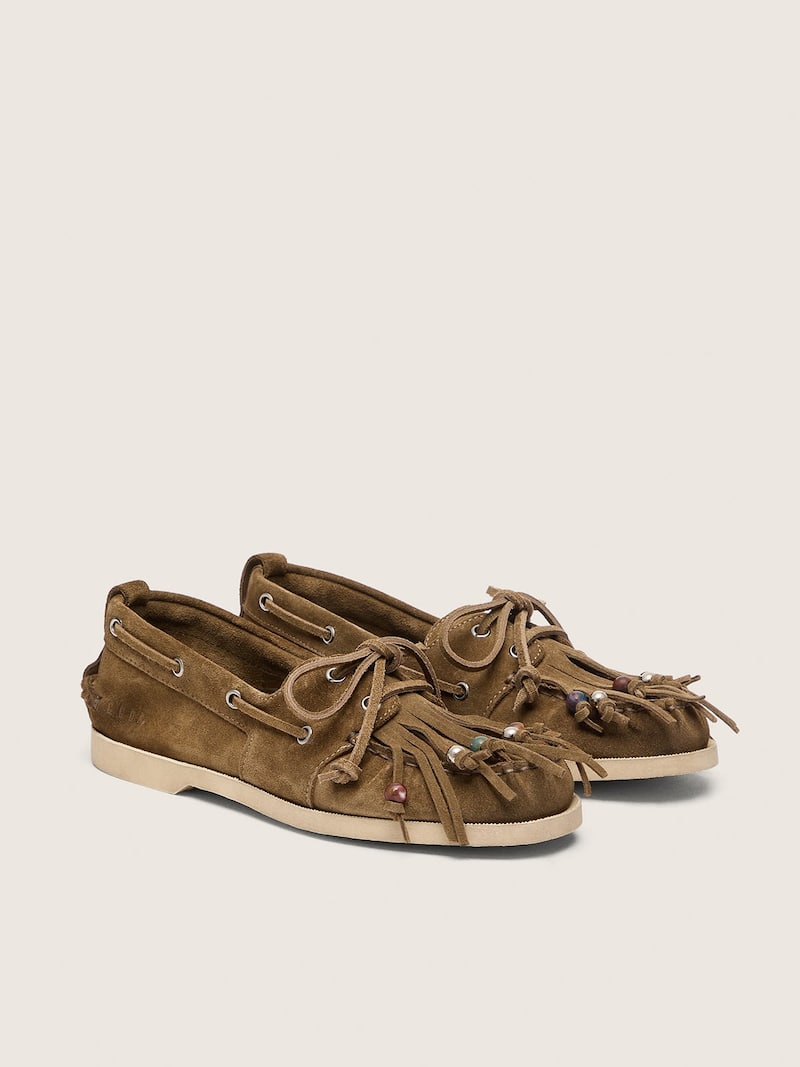 Golden Goose - Mocassino Cruise Donna in suede kaki con frangia e perline multicolor in 