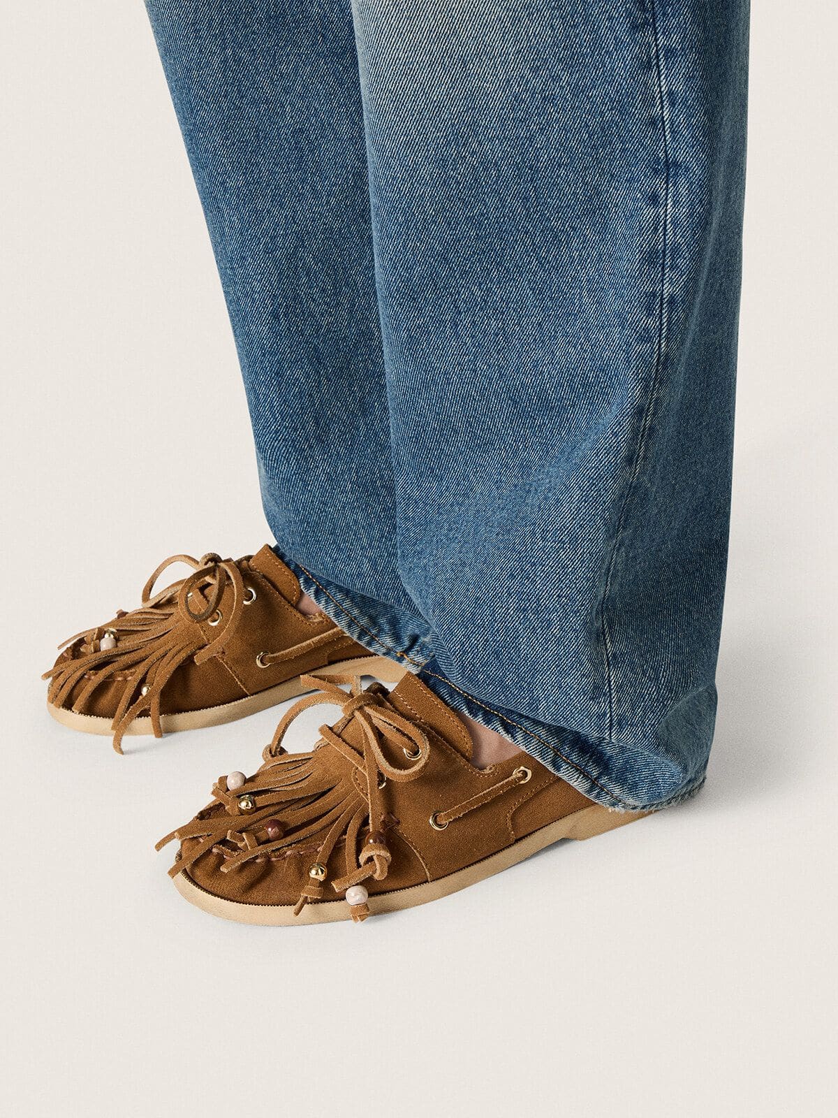 Golden Goose - Mocassino Cruise Donna in suede kaki con frangia e perline multicolor in 